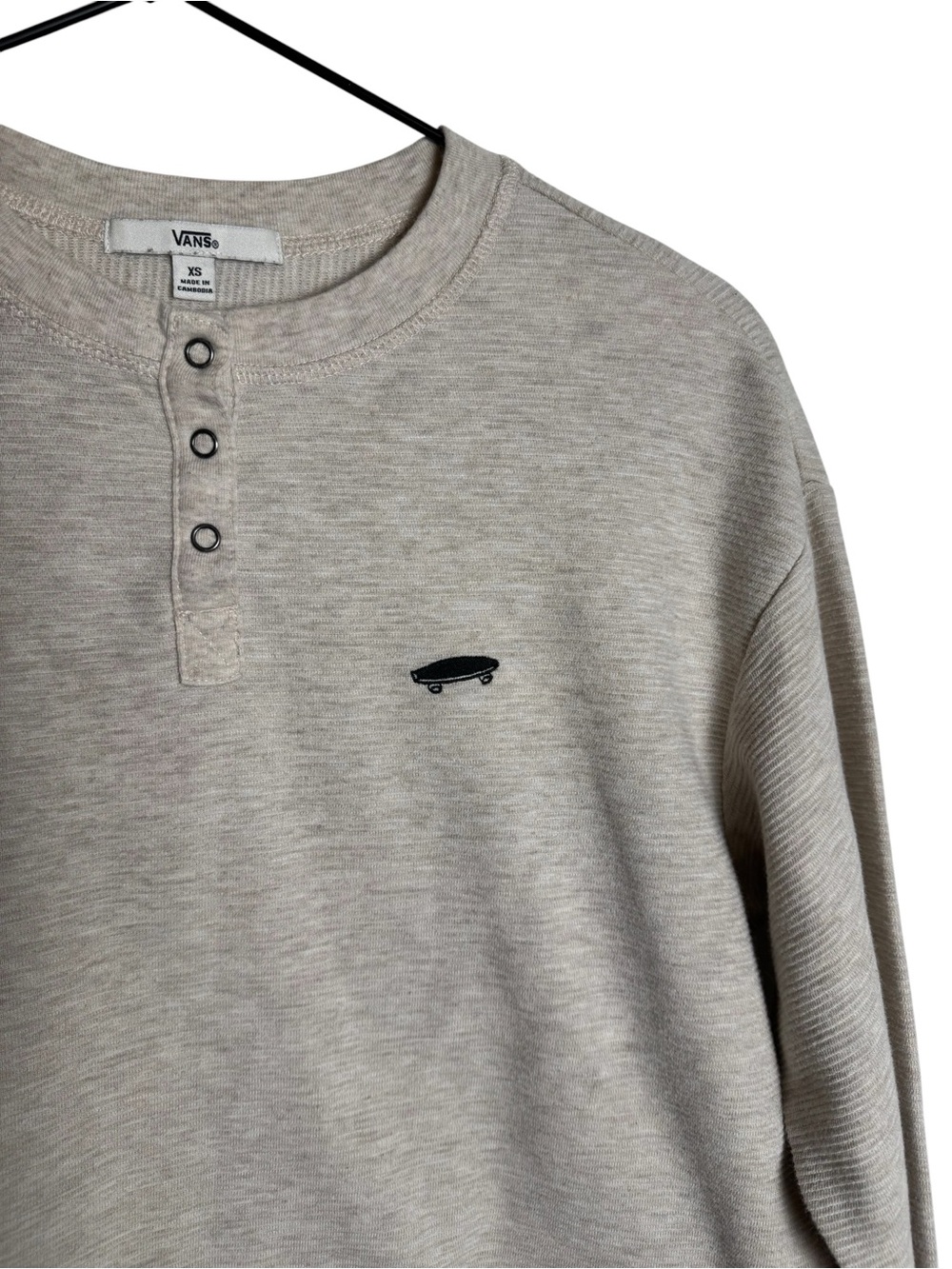 Vans Skateboard Embroidered Ribbed Henley Oatmeal Beige Long Sleeve Pullover